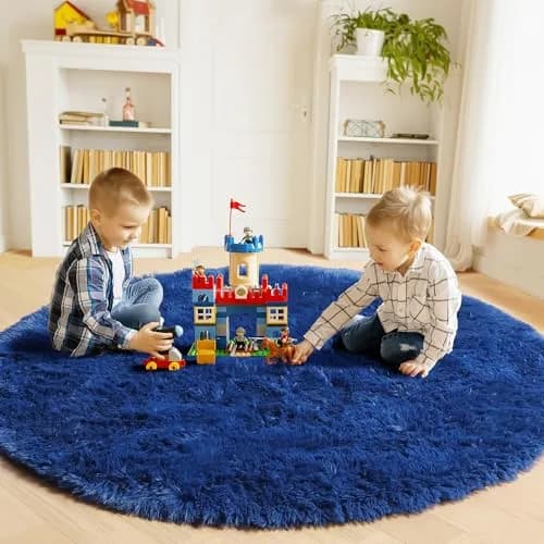 ONASAR Navy Blue Fluffy Round Rug 4ft | Soft Plush Kids Bedroom Decor thumbnail 3