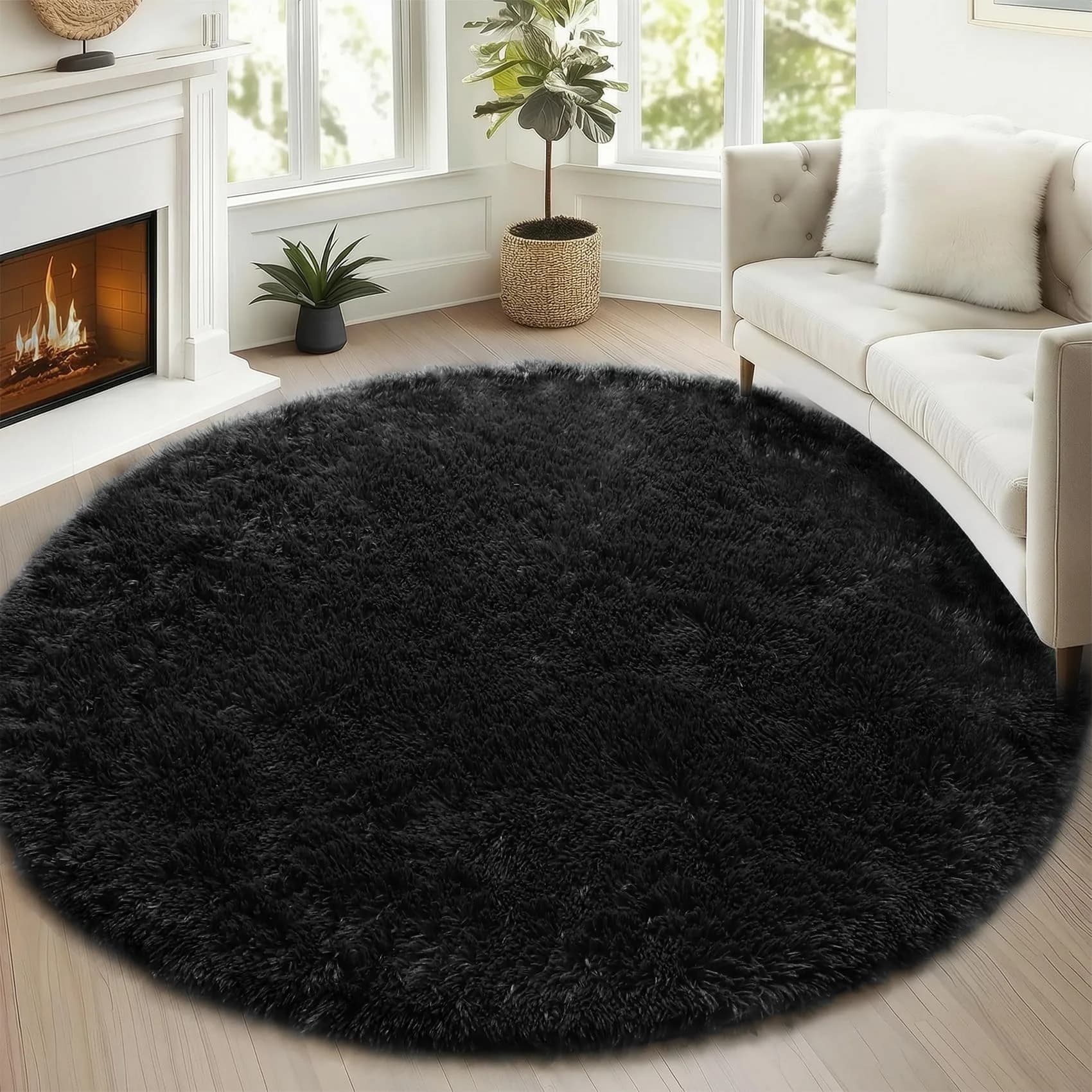 ONASAR Cream White Round Area Rug 6ft | Fluffy Plush Floor Mat for Kids & Home (100-120c) — Black