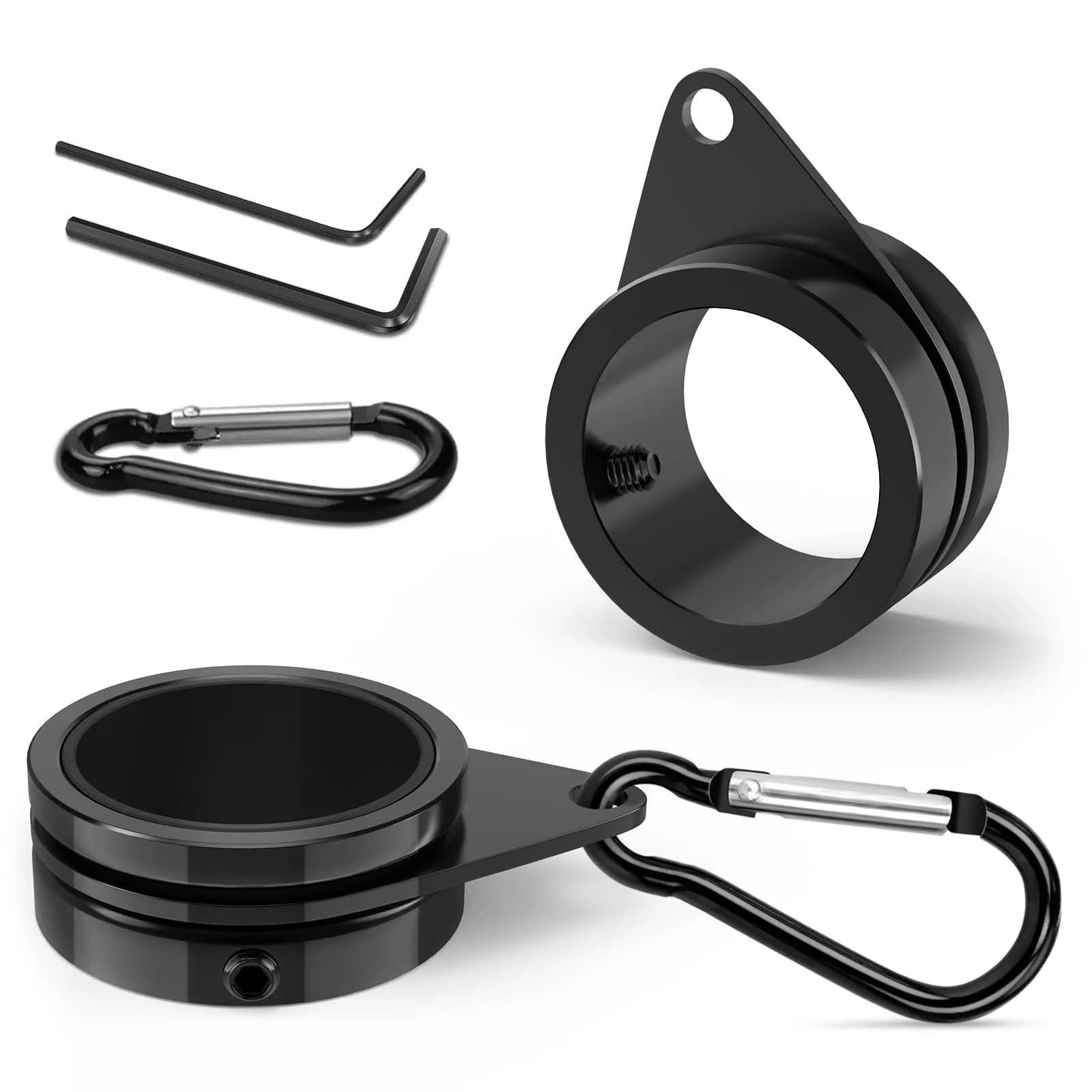 Loretoy Black Aluminum Alloy Flag Pole Rings with Carabiner, 1-inch Diameter, 2-Pack | Anti-Wrap Spinning Design for Outdoor Flags — Black