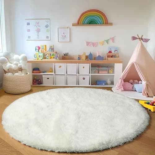 ONASAR Cream White Round Area Rug 6ft | Fluffy Plush Floor Mat for Kids & Home (100-120c) thumbnail 5