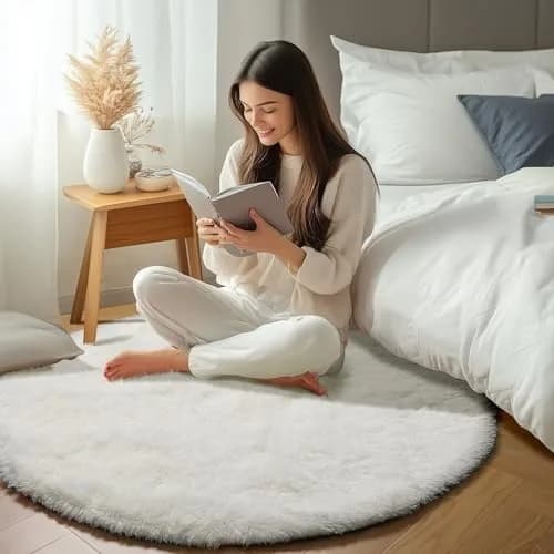 ONASAR Cream White Round Area Rug 6ft | Fluffy Plush Floor Mat for Kids & Home (100-120c) thumbnail 7
