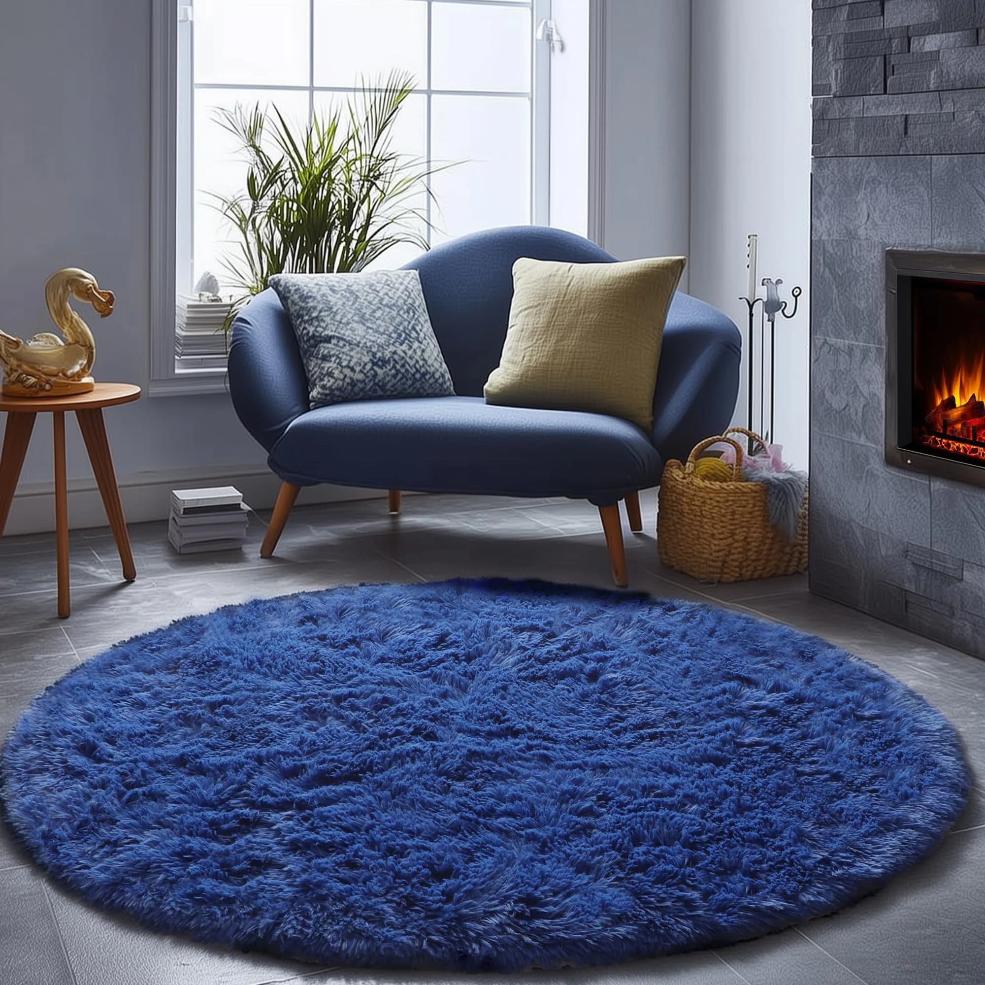 ONASAR Cream White Round Area Rug 6ft | Fluffy Plush Floor Mat for Kids & Home (100-120c) — Navy Blue / 5' (Round)