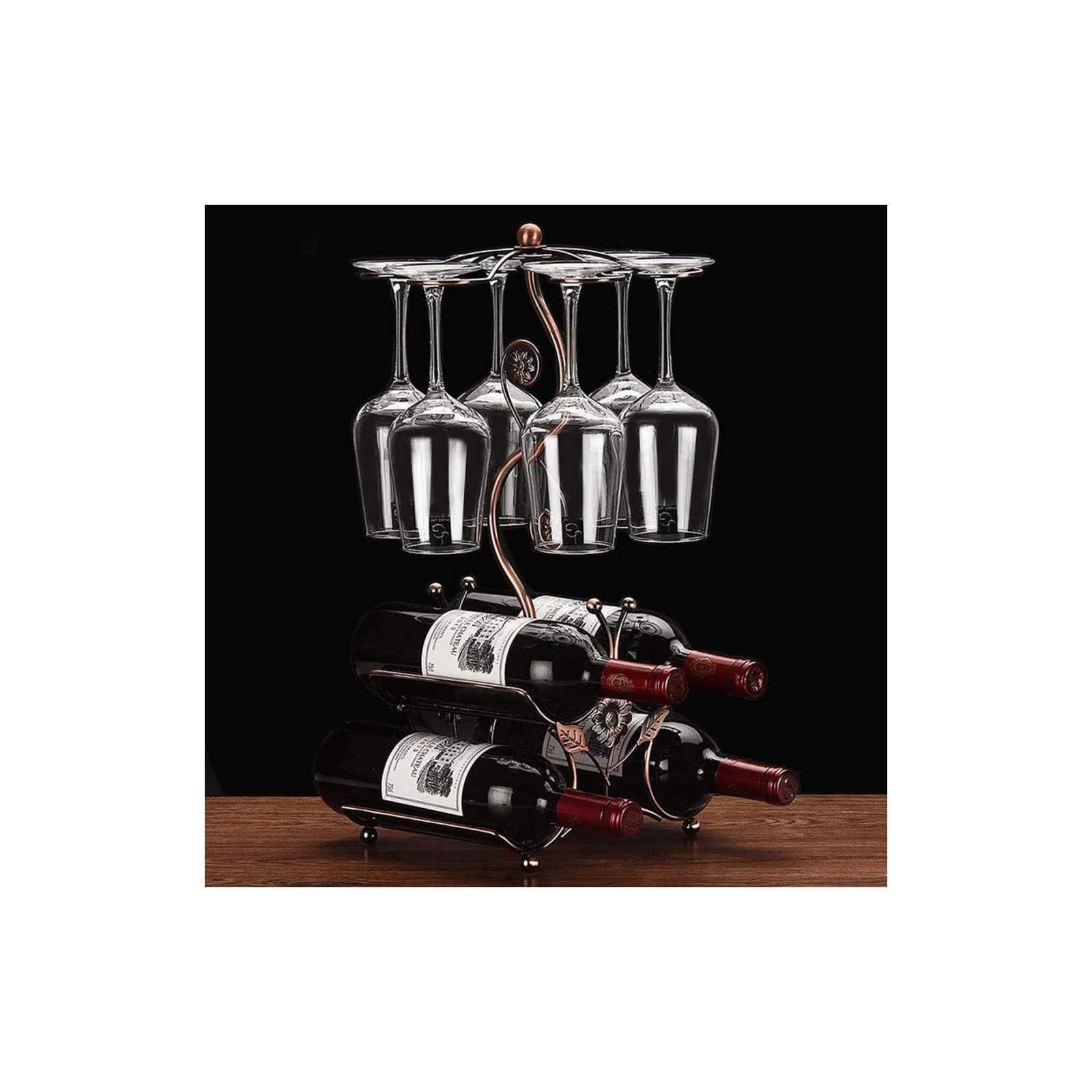 FIRE ROSE Wine Rack and Glass Holder - 6 Bottles, 4 Glasses | Bronze Finish - main product image