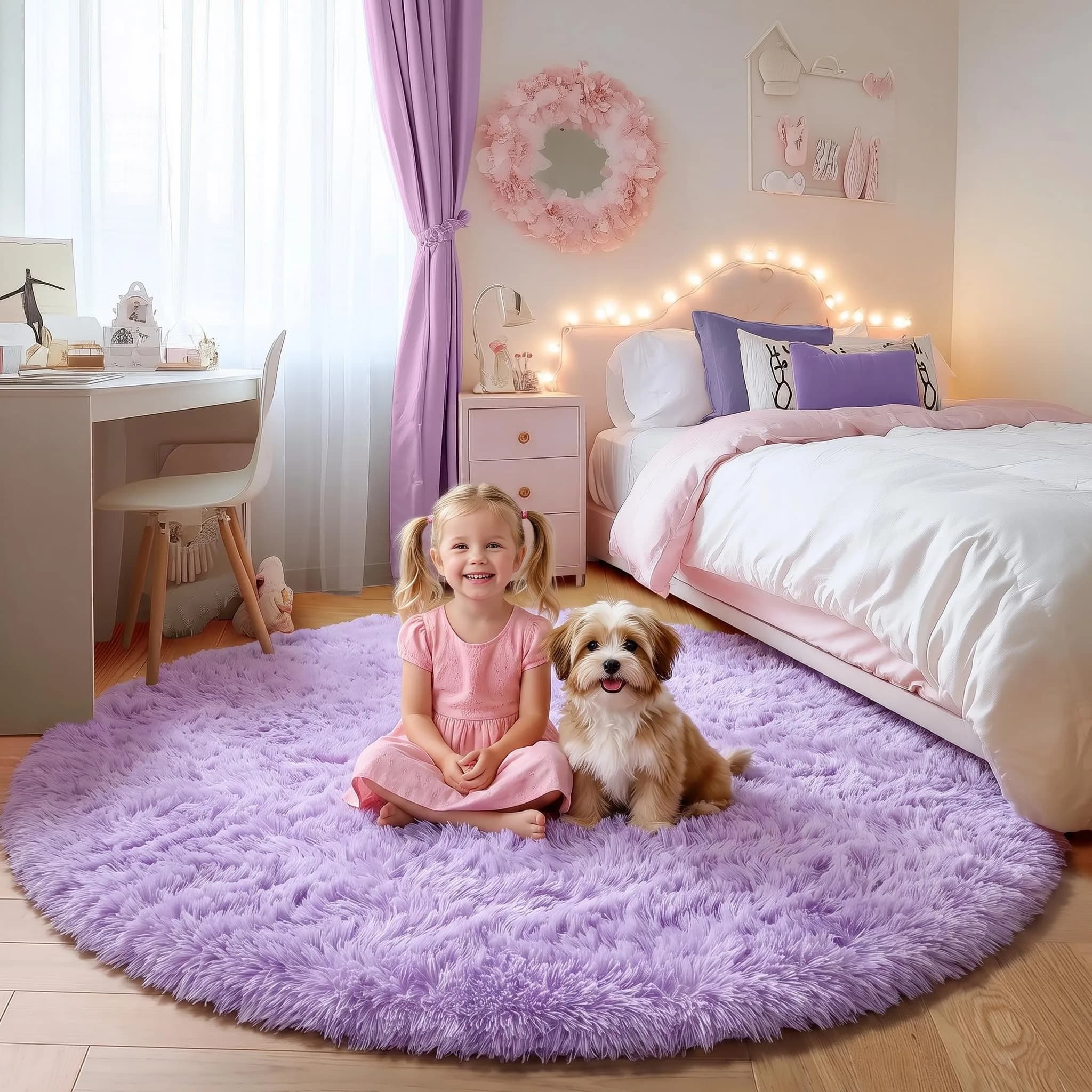 ONASAR Light Purple Round Rug 5ft | Fluffy Plush Kids Bedroom Decor