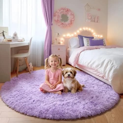 ONASAR Light Purple Round Rug 5ft | Fluffy Plush Kids Bedroom Decor thumbnail 1