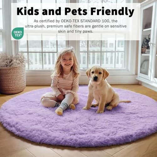 ONASAR Light Purple Round Rug 5ft | Fluffy Plush Kids Bedroom Decor thumbnail 3