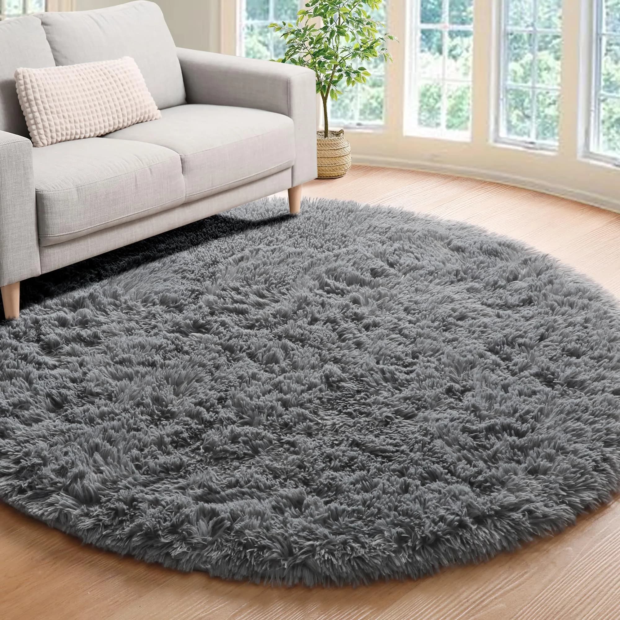 ONASAR Grey Fluffy Round Rug 4ft | Soft Plush Non-Slip Circle Area Rug for Bedroom & Living Room