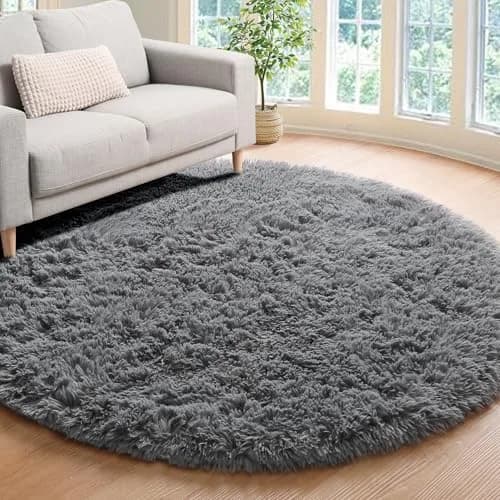 ONASAR Grey Fluffy Round Rug 4ft | Soft Plush Non-Slip Circle Area Rug for Bedroom & Living Room thumbnail 1