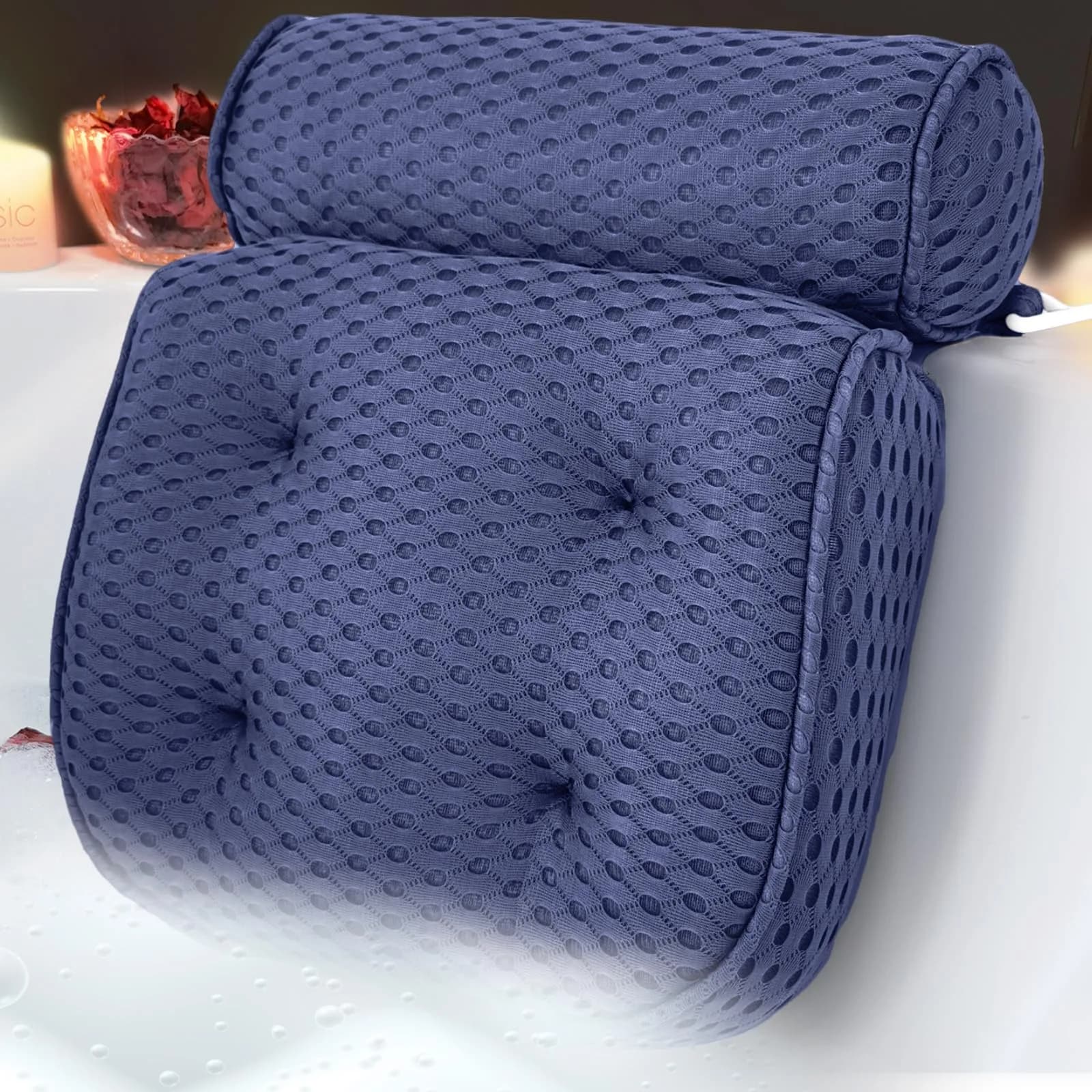 AEROiVi Luxury Bath Pillow for Tub | Soft Mesh Head and Neck Support with 6 Strong Suction Cups, White (1 Count) — Denim