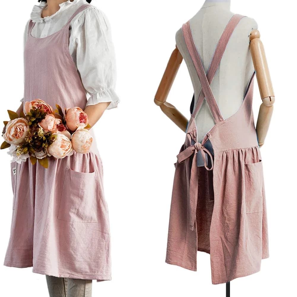 NEWGEM Japanese Cotton Cross Back Pinafore Apron for Women with Pockets Yellow 80cm (31.5in) — 10 - Pink With Waist Ties