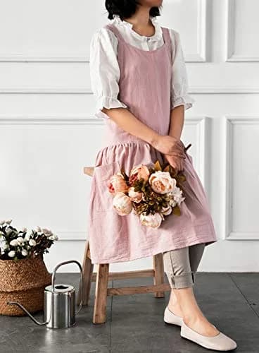 NEWGEM Japanese Cotton Cross Back Pinafore Apron for Women with Pockets Pink 80cm (31.5in) | Breathable Linen Blend for Kitchen & Art thumbnail 3