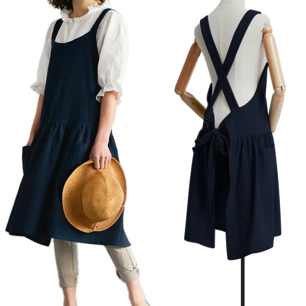 NEWGEM Japanese Cotton Cross Back Pinafore Apron for Women with Pockets Yellow 80cm (31.5in) — 12 - Navy Blue With Waist Ties