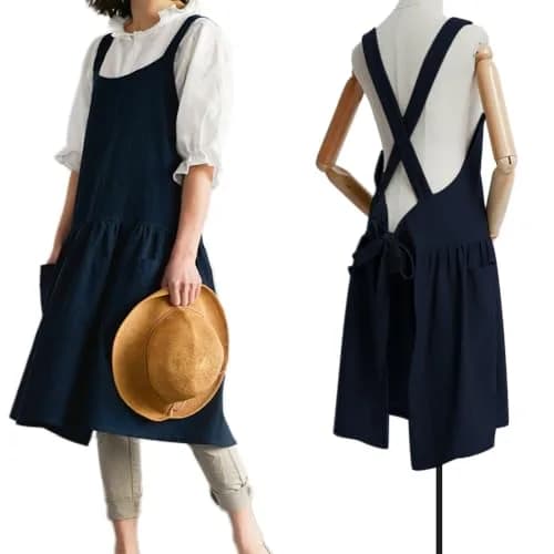 NEWGEM Japanese Cotton Cross Back Pinafore Apron for Women with Pockets Navy | Breathable Linen Blend thumbnail 1