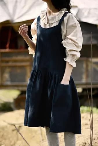 NEWGEM Japanese Cotton Cross Back Pinafore Apron for Women with Pockets Navy | Breathable Linen Blend thumbnail 5