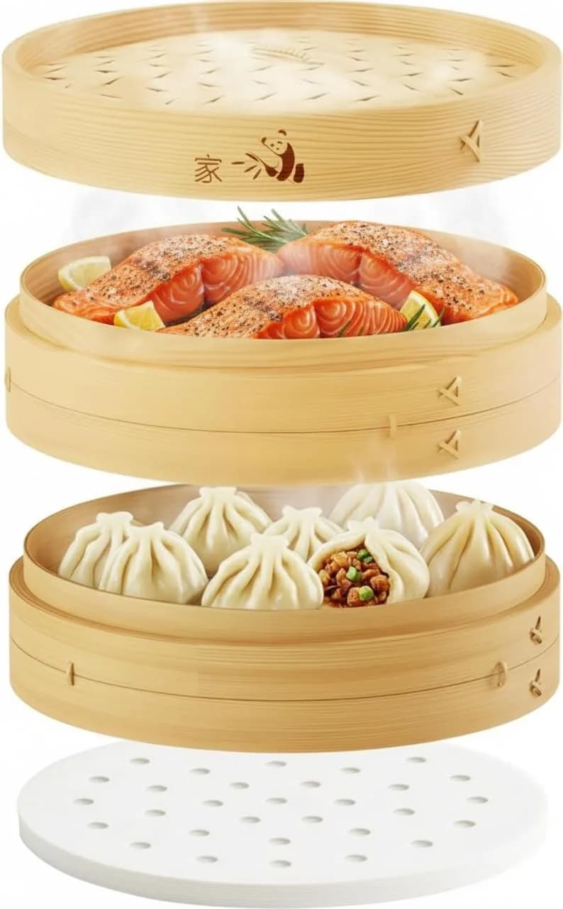 Prime Home Direct Bamboo Steamer Basket 30 cm (12 Inch) 2-Tier with Lid, 50 Liners, Chopsticks & Sauce Dish | Authentic Asian Steaming for Home Cooks - main product image