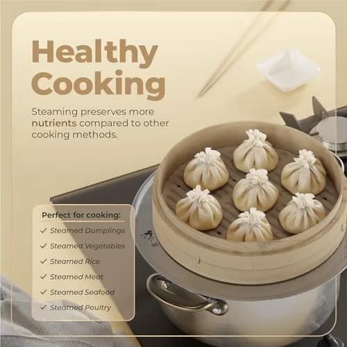 Prime Home Direct Bamboo Steamer Basket 30 cm (12 Inch) 2-Tier with Lid, 50 Liners, Chopsticks & Sauce Dish | Authentic Asian Steaming for Home Cooks thumbnail 2