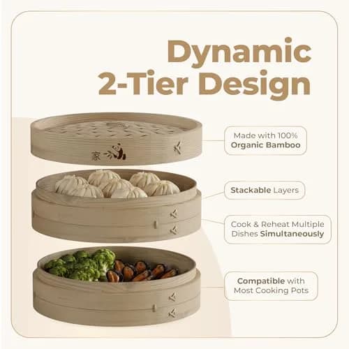 Prime Home Direct Bamboo Steamer Basket 30 cm (12 Inch) 2-Tier with Lid, 50 Liners, Chopsticks & Sauce Dish | Authentic Asian Steaming for Home Cooks thumbnail 4