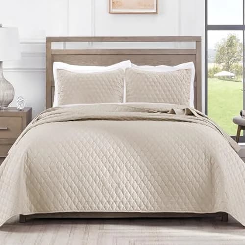 Exclusivo Mezcla Reversible Full Queen Quilt Bedding Set Beige Cream | Lightweight Breathable All-Season Bed Coverlet thumbnail 1