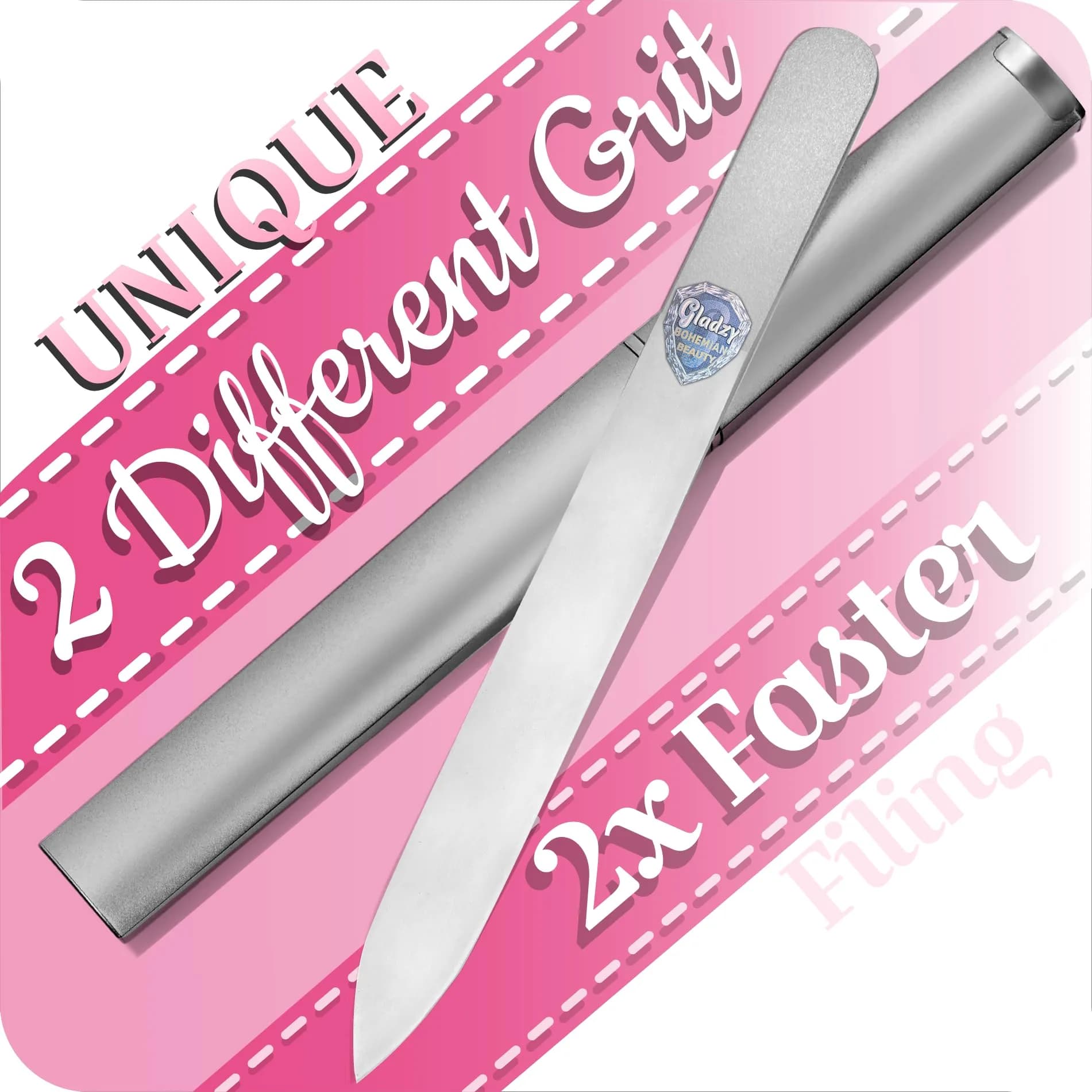 Gladzy Czech Glass Nail File with Case – Double Sided Crystal Nail File for Natural Nails, Dual Grit Coarse & Smooth Sides, Etched Bohemian Glass Manicure Tool, Professional Care, Ethically Made in EU - main product image