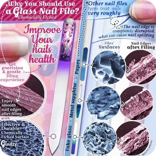 Gladzy Czech Glass Nail File with Case – Double Sided Crystal Nail File for Natural Nails, Dual Grit Coarse & Smooth Sides, Etched Bohemian Glass Manicure Tool, Professional Care, Ethically Made in EU thumbnail 4