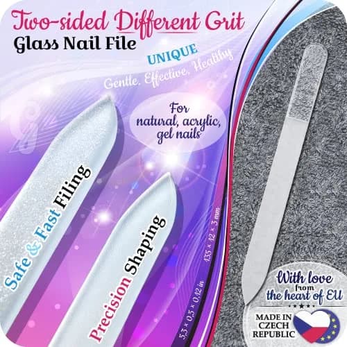 Gladzy Czech Glass Nail File with Case – Double Sided Crystal Nail File for Natural Nails, Dual Grit Coarse & Smooth Sides, Etched Bohemian Glass Manicure Tool, Professional Care, Ethically Made in EU thumbnail 3
