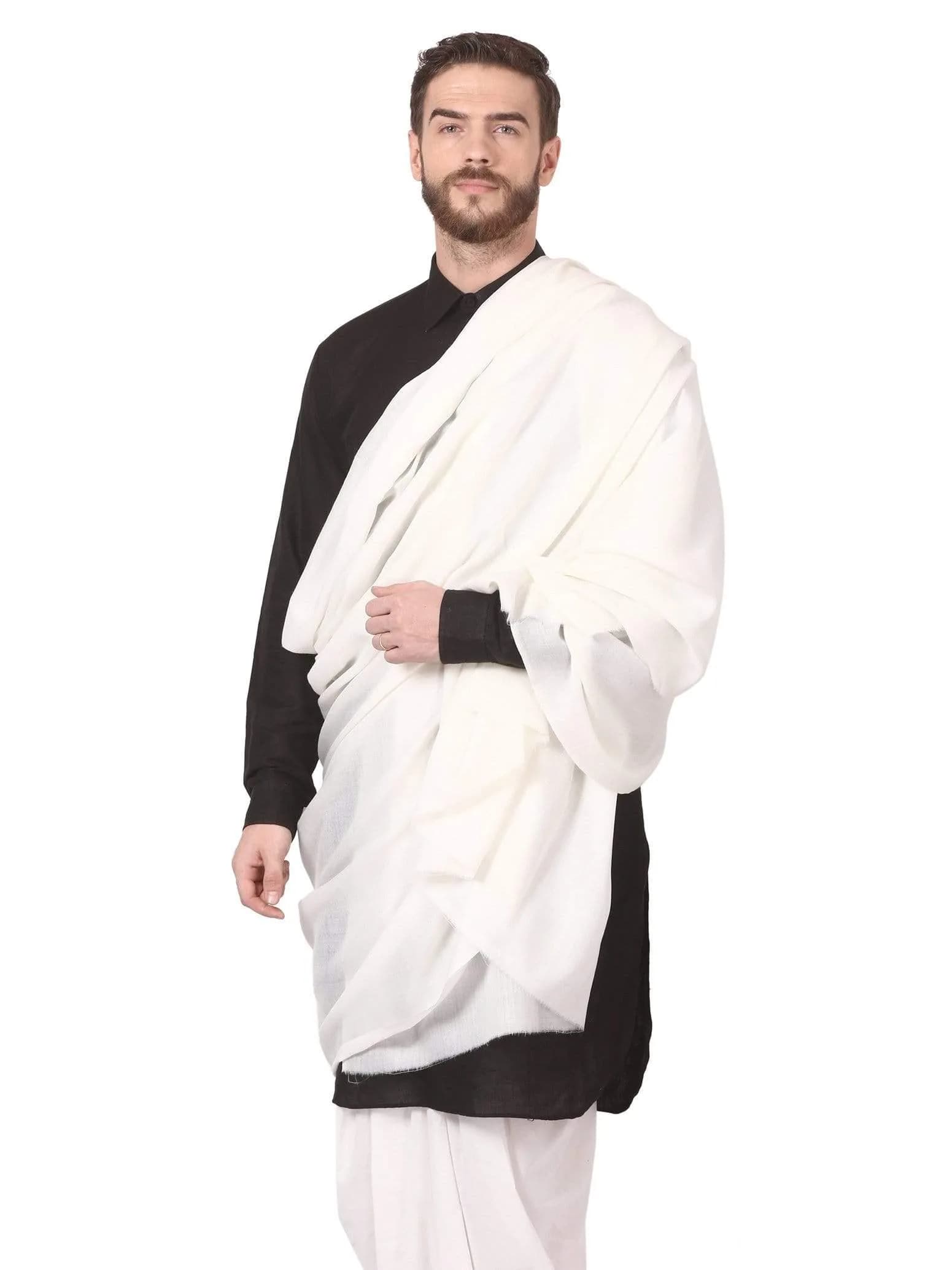 Pashtush Men's Blended Wool Ring Shawlweight Shawl 138 x 274 cm White | Soft Australian Merino Wool
