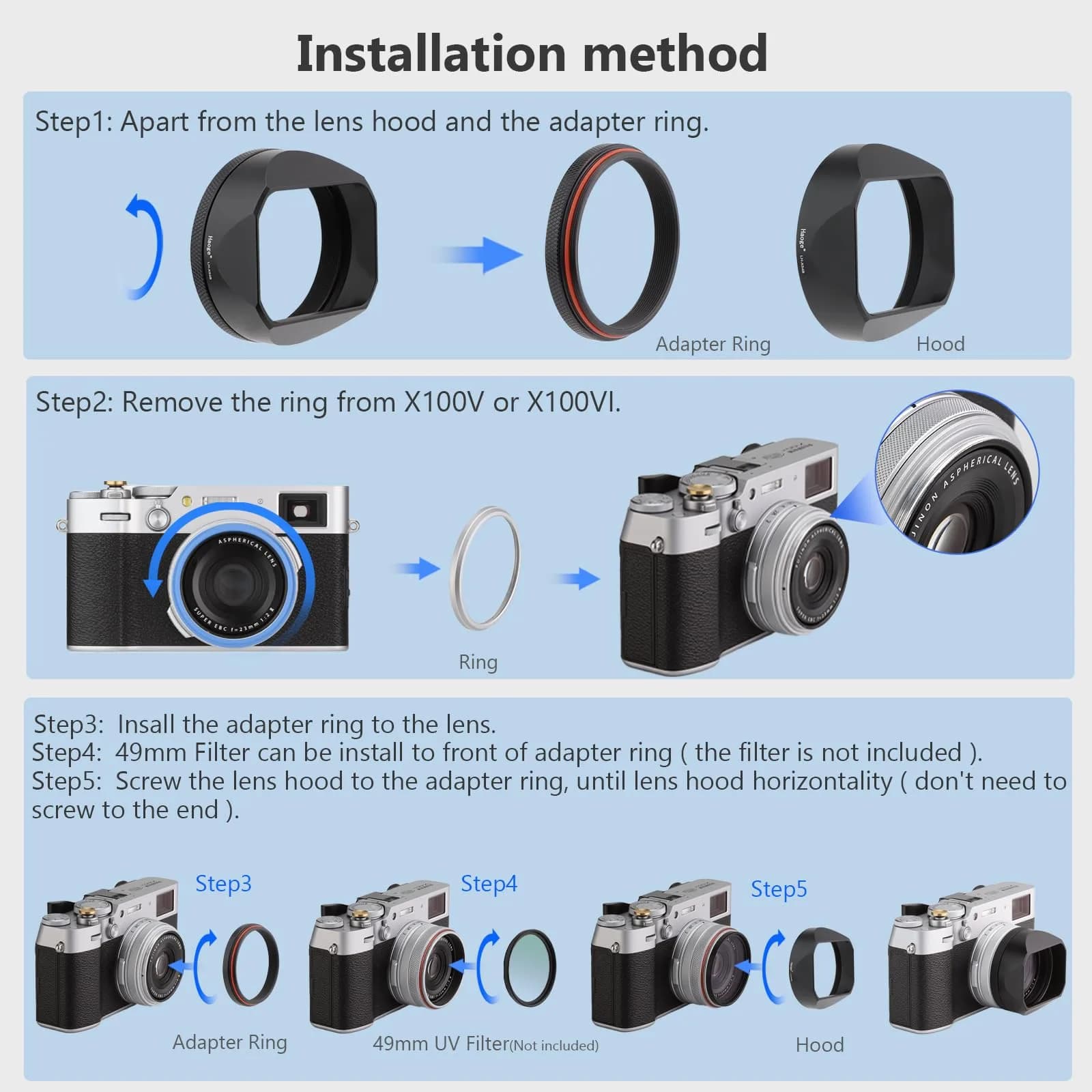 Haoge LH-X54B Square Metal Lens Hood with 49mm Adapter Ring for Fujifilm X100VI Fuji X100V Camera Black | Durable Aluminum - view 9