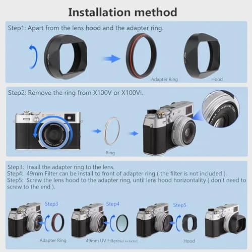 Haoge LH-X54B Square Metal Lens Hood with 49mm Adapter Ring for Fujifilm X100VI Fuji X100V Camera Black | Durable Aluminum thumbnail 9