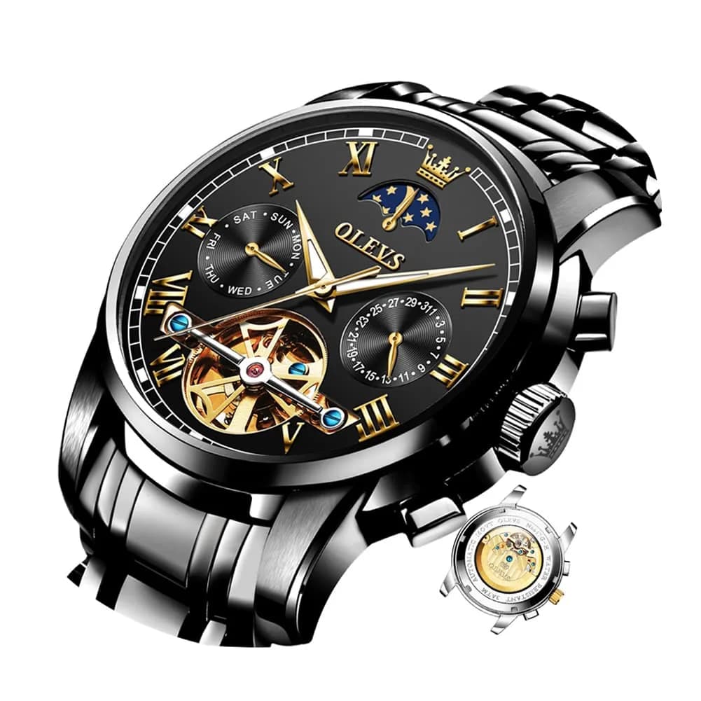 OLEVS Automatic Mechanical Skeleton Moon Phase Dress Watch 41mm (1.61 inches) | Black Stainless Steel - main product image