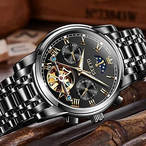 OLEVS Automatic Mechanical Skeleton Moon Phase Dress Watch 41mm (1.61 inches) | Black Stainless Steel thumbnail 2