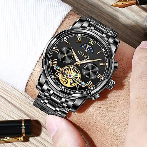 OLEVS Automatic Mechanical Skeleton Moon Phase Dress Watch 41mm (1.61 inches) | Black Stainless Steel thumbnail 3