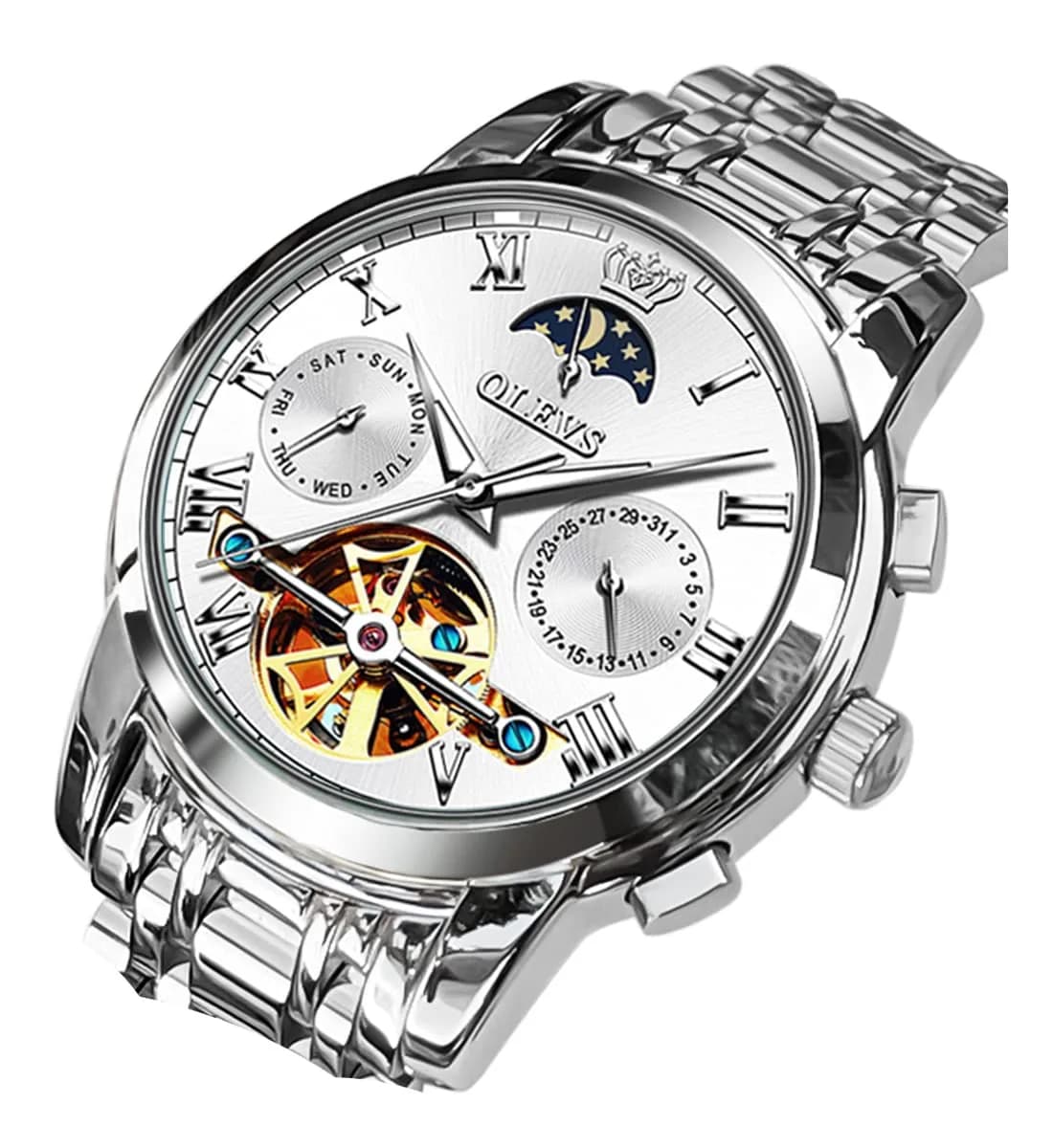 OLEVS Automatic Mechanical Watch 42mm (1.65 in) Green Skeleton Moon Phase Stainless Steel | Luxury Dress Business Luminous — White