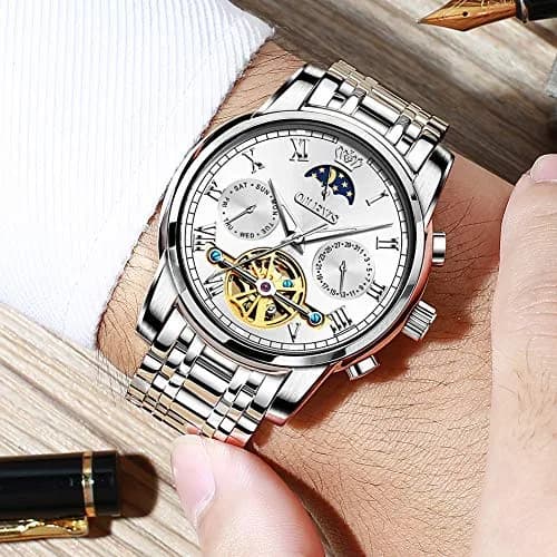 OLEVS Automatic Mechanical Skeleton Moon Phase Dress Watch 41mm (1.61 in) Silver Stainless Steel thumbnail 5