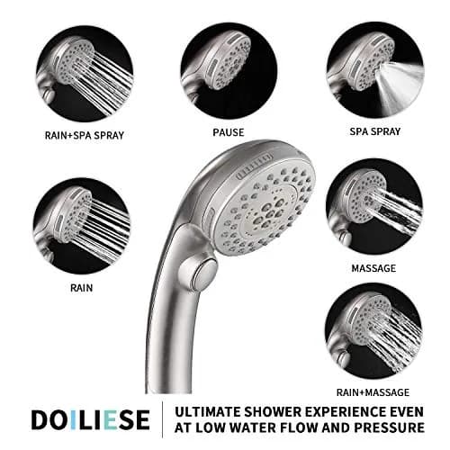 DOILIESE High Pressure Handheld Shower Head with 6 Settings & Pause Button - 1.8 GPM - Brushed Nickel | Modern Style thumbnail 2