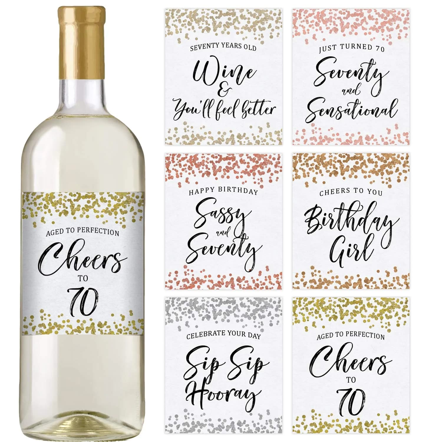 Printed Party 70th Birthday Wine Bottle Labels, Confetti Design, Set of 6 - main product image