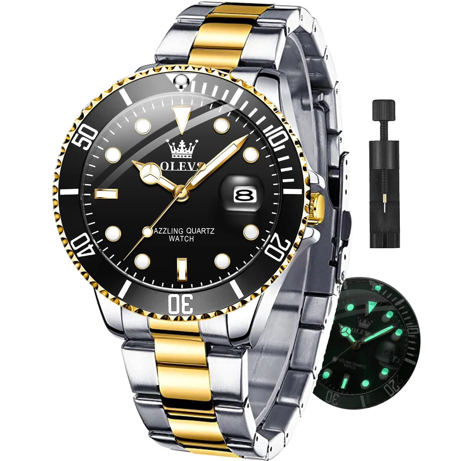 OLEVS Men Dress Watch 41mm Blue Dial Gold Silver Stainless Steel Waterproof — Blackkk