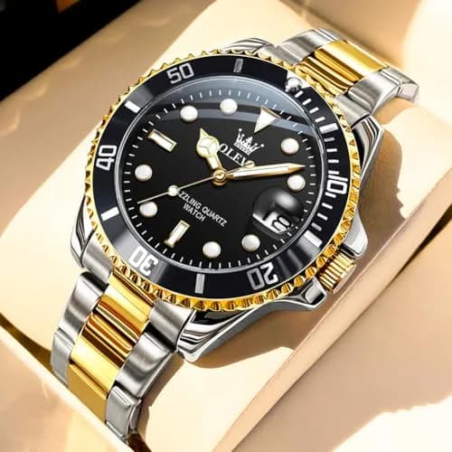 OLEVS Gold Black Stainless Steel Men Watch Big Face Waterproof Dress Date | Classic Quartz Movement, 41mm Dial, Water Resistant thumbnail 3