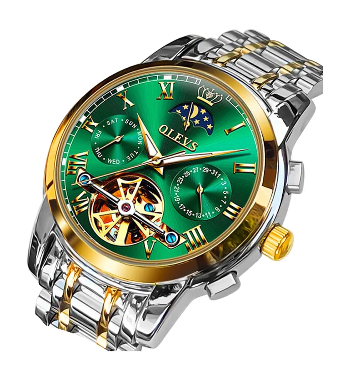 OLEVS Automatic Mechanical Watch 42mm (1.65 in) Green Skeleton Moon Phase Stainless Steel | Luxury Dress Business Luminous — Green