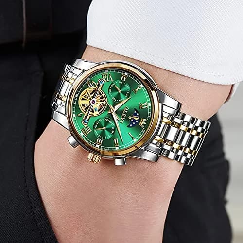 OLEVS Automatic Mechanical Watch 42mm (1.65 in) Green Skeleton Moon Phase Stainless Steel | Luxury Dress Business Luminous thumbnail 4