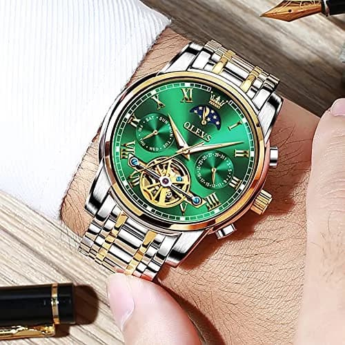 OLEVS Automatic Mechanical Watch 42mm (1.65 in) Green Skeleton Moon Phase Stainless Steel | Luxury Dress Business Luminous thumbnail 5