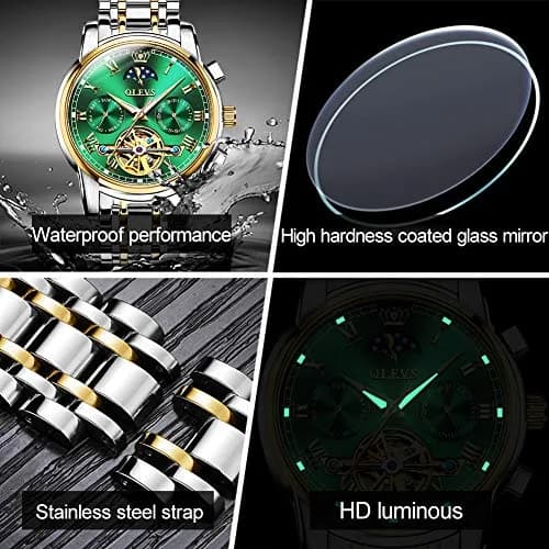 OLEVS Automatic Mechanical Watch 42mm (1.65 in) Green Skeleton Moon Phase Stainless Steel | Luxury Dress Business Luminous thumbnail 6