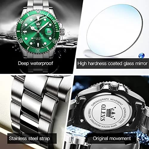 OLEVS Green Men’s Watch Stainless Steel Waterproof Date Dress 41mm | Luxury Quartz Movement thumbnail 4