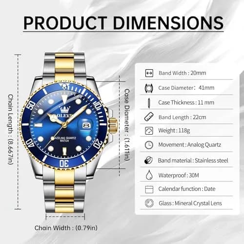 OLEVS Men Dress Watch 41mm Blue Dial Gold Silver Stainless Steel Waterproof thumbnail 6