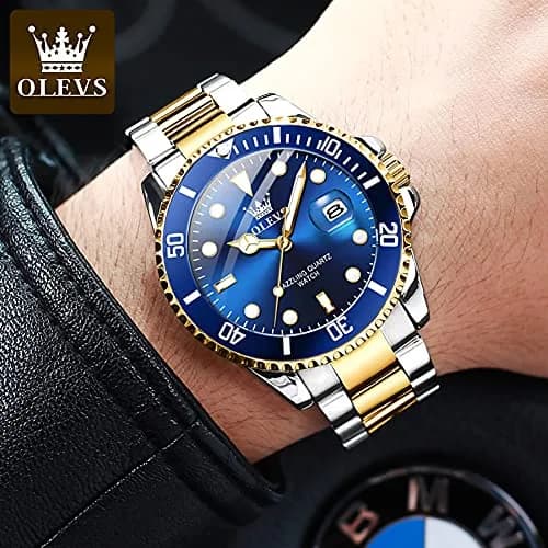 OLEVS Men Dress Watch 41mm Blue Dial Gold Silver Stainless Steel Waterproof thumbnail 2