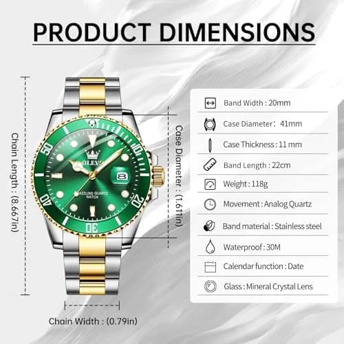OLEVS Gold and Green Men’s Watch, Stainless Steel, Waterproof, 41mm Dial, Date Function thumbnail 6