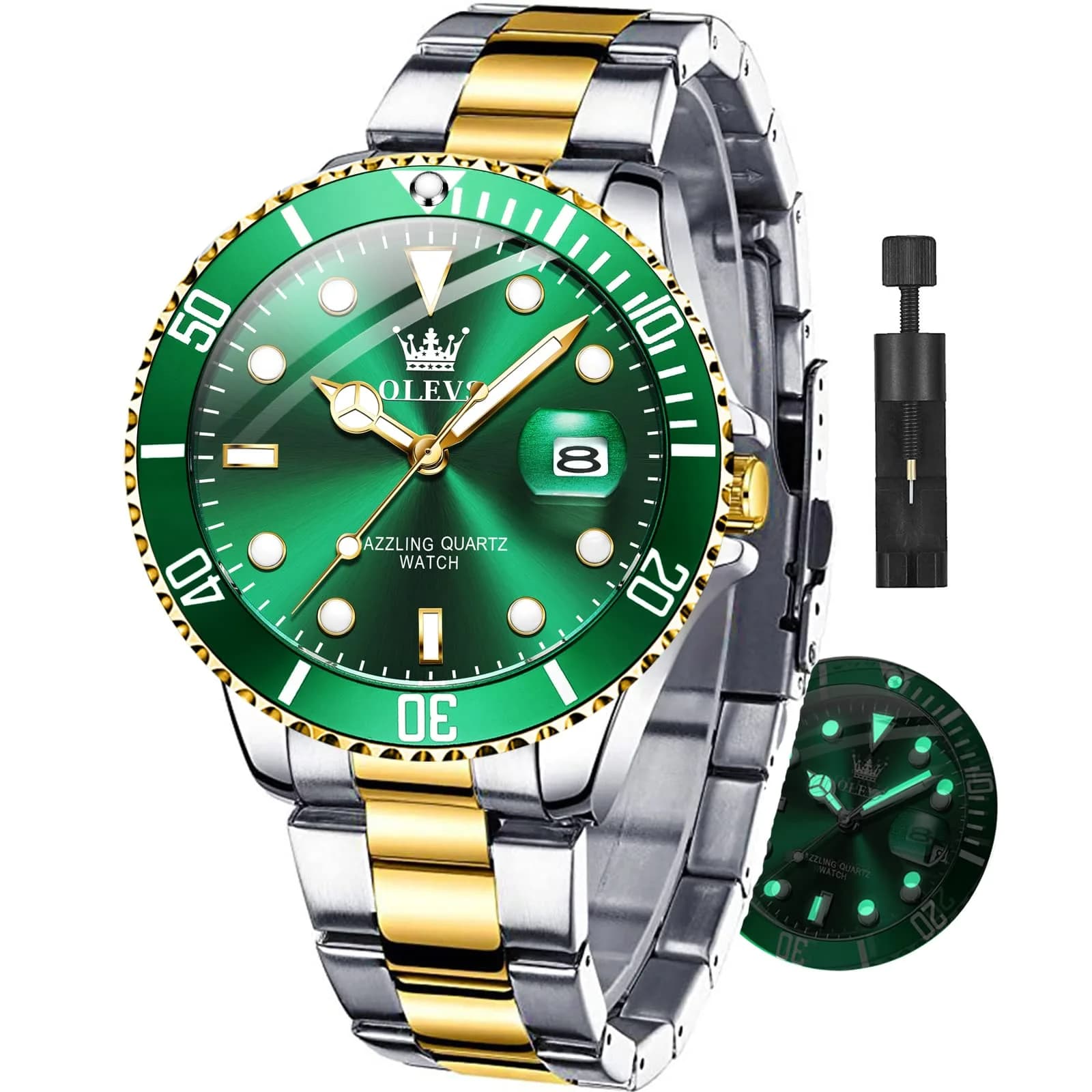 OLEVS Gold and Green Men’s Watch, Stainless Steel, Waterproof, 41mm Dial, Date Function - main product image