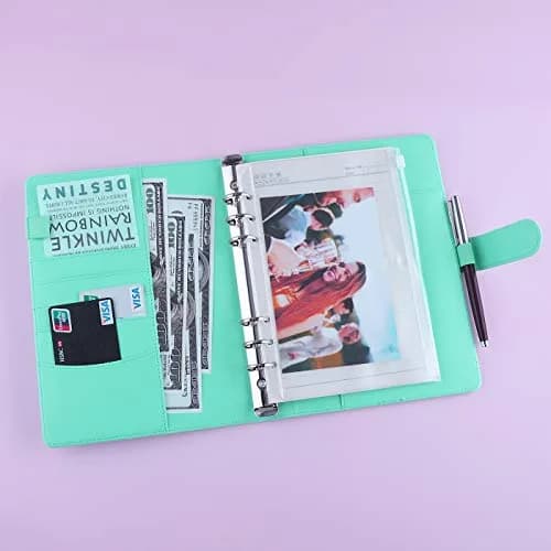 Antner A5 Binder 6 Ring Refillable Budget Planner Cover with Magnetic Buckle, PU Leather Loose Leaf Photocard Holder, Light Green (23.37 cm x 17.53 cm) thumbnail 3
