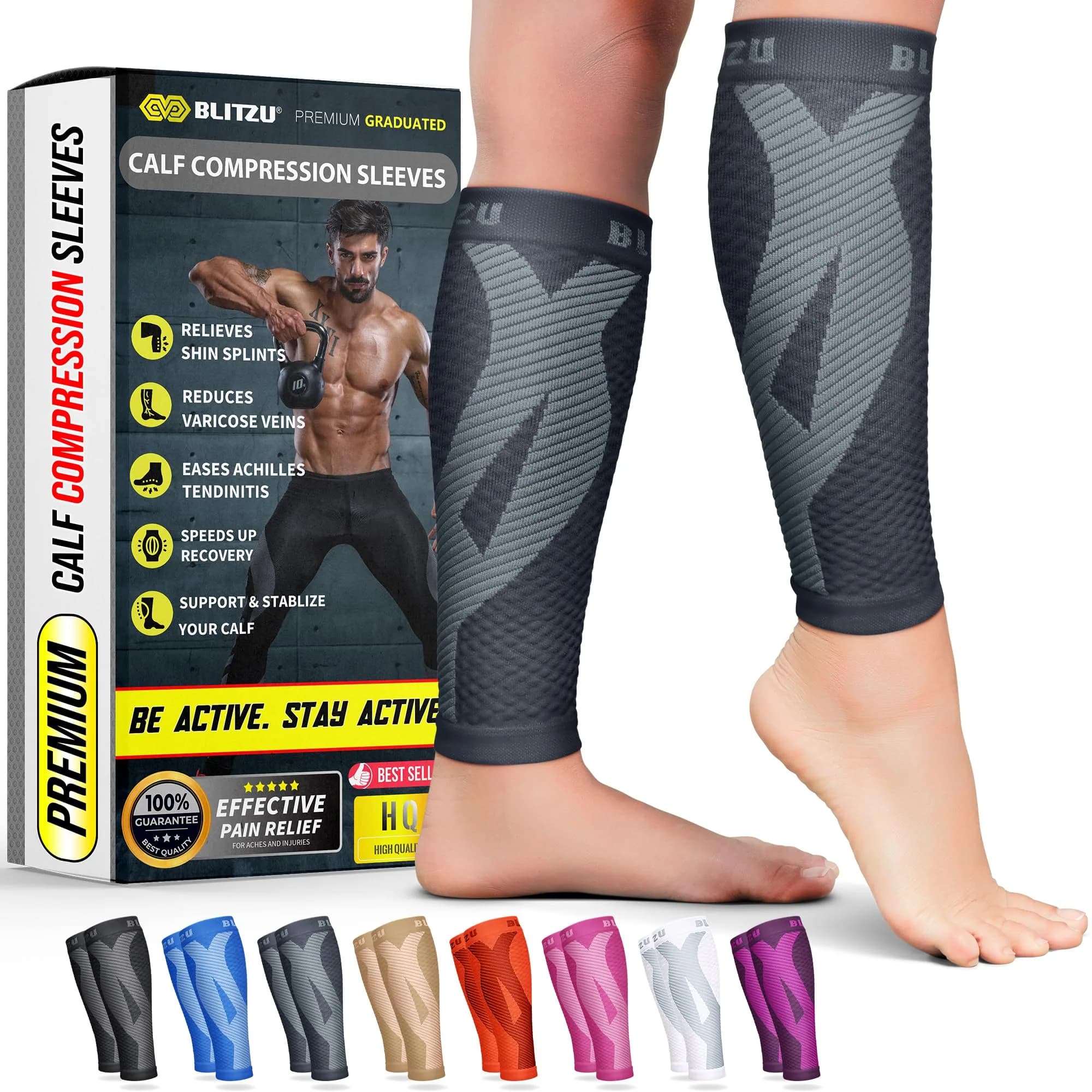 BLITZU Calf Compression Sleeves Gray XX-Large | Orthopedic Brace for Shin Splints & Varicose Veins