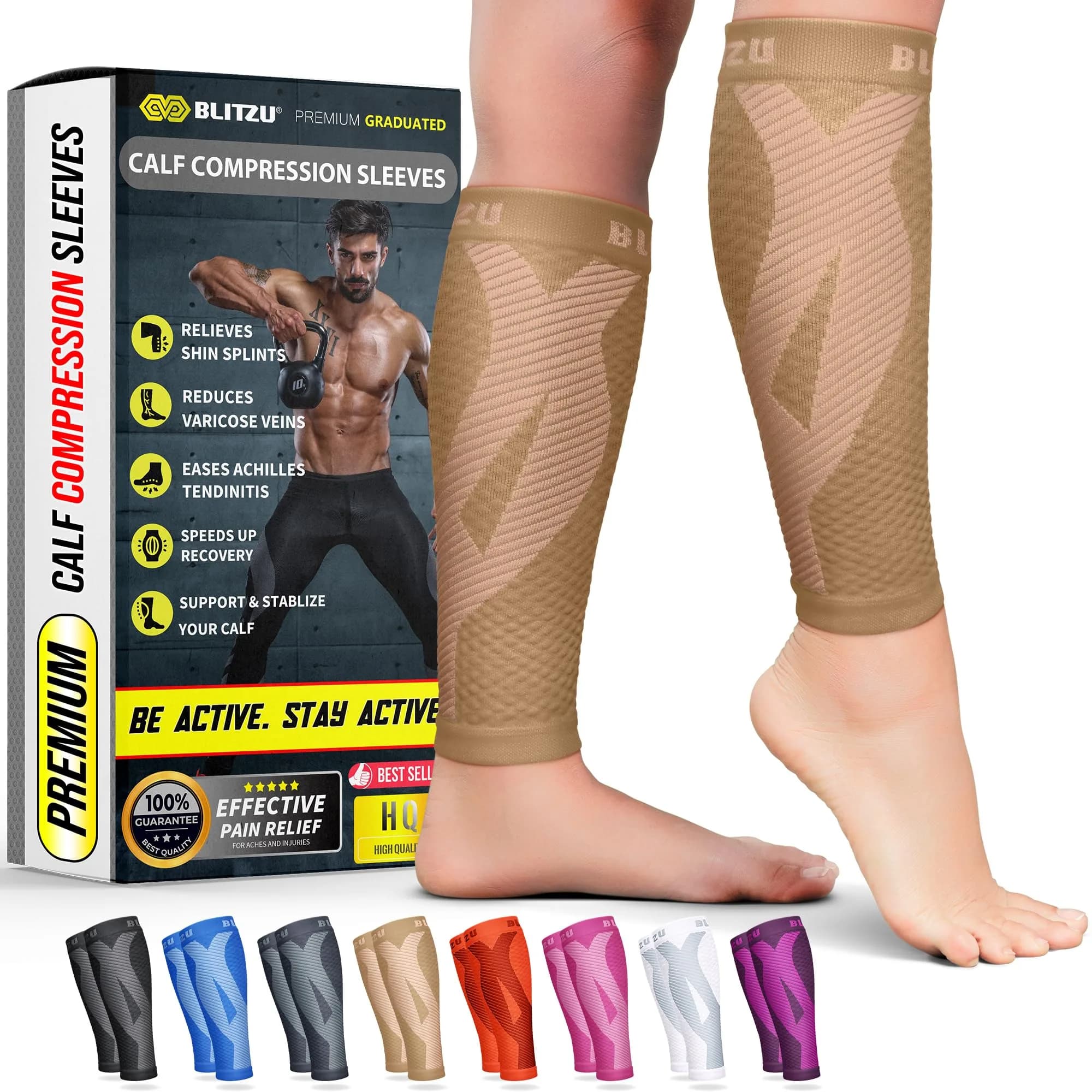 BLITZU Calf Compression Sleeves XX-Large Nude | Graduated Compression for Shin Splints & Varicose Veins