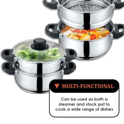Concord 3 Quart Stainless Steel Steamer Set | Induction Compatible, 2 Tier, Tempered Glass Lid thumbnail 7